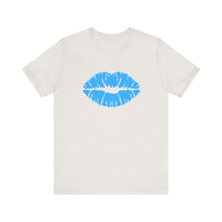 Blue Lips Kiss Print Unisex Tee, Casual Wear, Gift for Her, Valentine's Day Shirt, Fun Graphic Top, Everyday Style