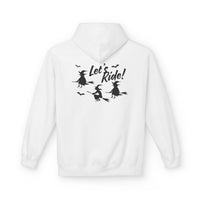 Let's Ride Witches Witchy Broomstick Hoodie, Unisex Midweight Fleece Sweatshirt, Halloween Apparel, Cozy Witch Costume,  Spooky Season