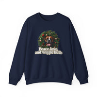 Crewneck Sweatshirt — Holiday Boxer Dog Wreath "Peace, love and wiggle butts"