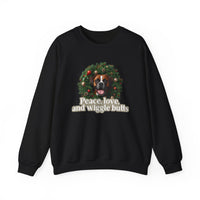Crewneck Sweatshirt — Holiday Boxer Dog Wreath "Peace, love and wiggle butts"