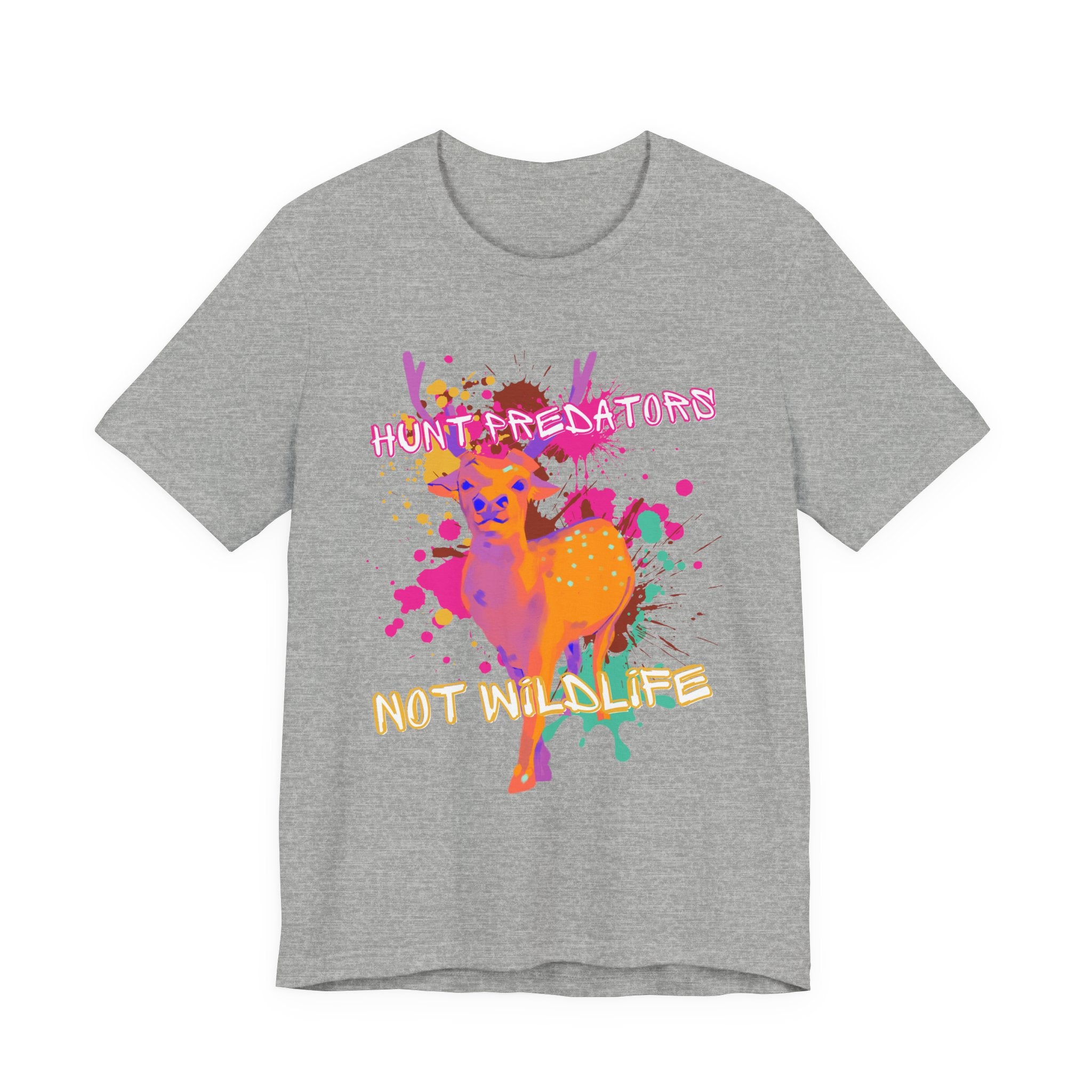 Heather Gray Tee with Colorful wildlife hunt predators