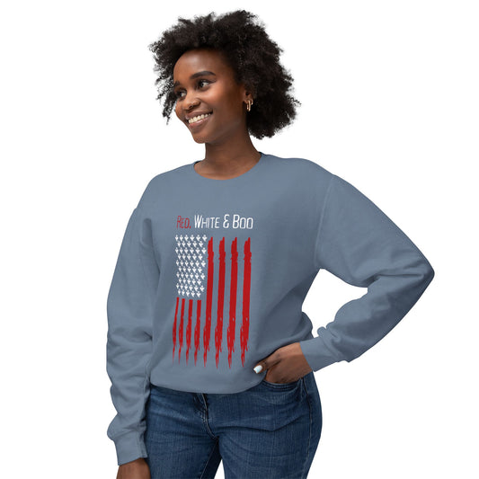 Red White and Boo Crewneck Sweatshirt with Flag Design, Show your American Spirit in Spooky Season