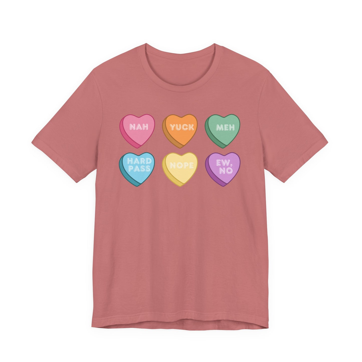 Conversation Heart Rejection Tee — 'Nah, Yuck, Meh' Graphic T-Shirt
