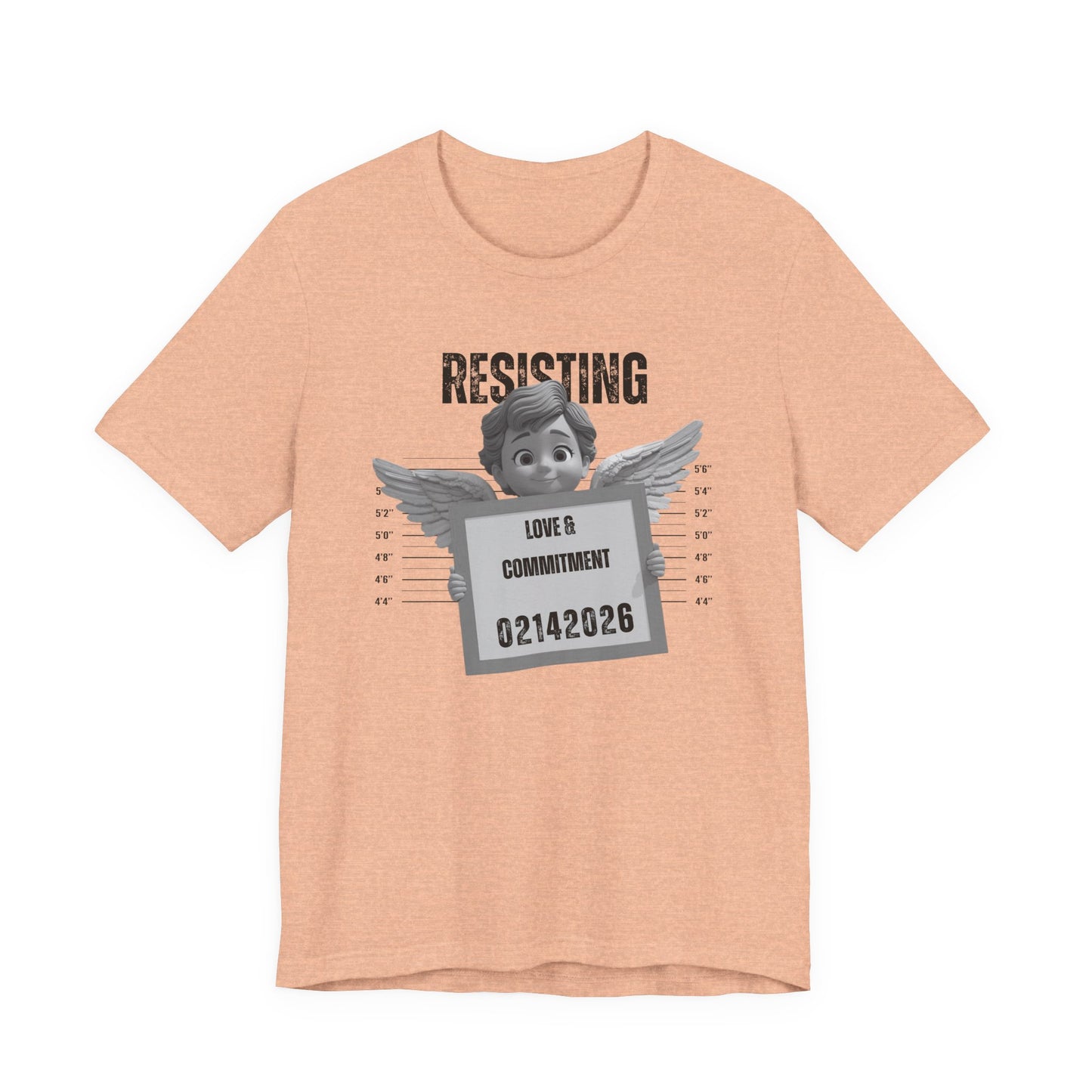 Resisting Love & Commitment Mugshot Tee — Funny Anti-Romance Graphic T-Shirt for Valentines