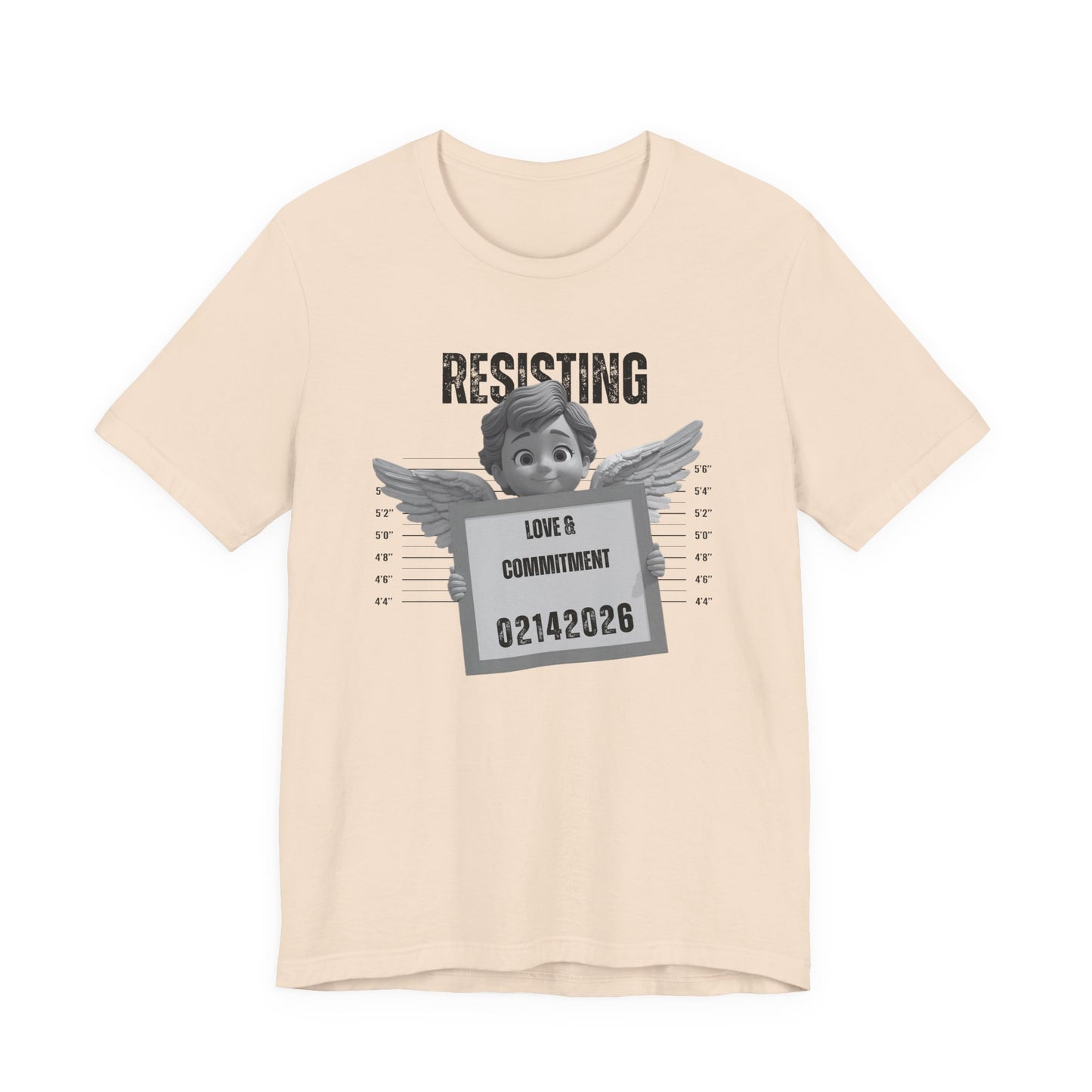 Resisting Love & Commitment Mugshot Tee — Funny Anti-Romance Graphic T-Shirt for Valentines