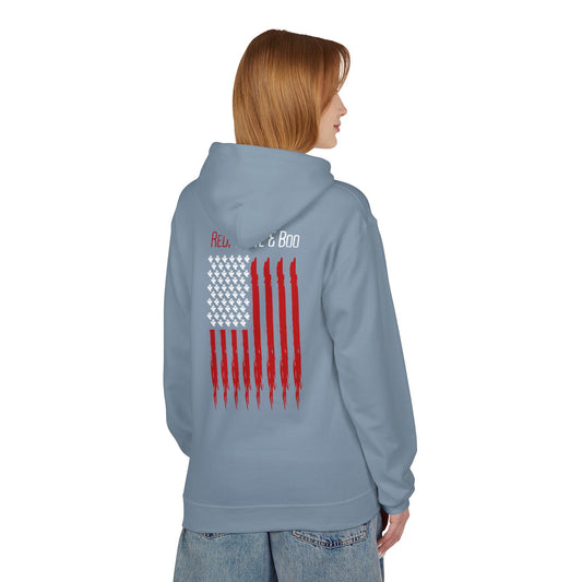 Red White and Boo Hoodie Unisex Midweight Softstyle Fleece Hoodie with Red Graphic, Cozy Sweatshirt for Fall, Gift for Him or Her, Casual Layering Top