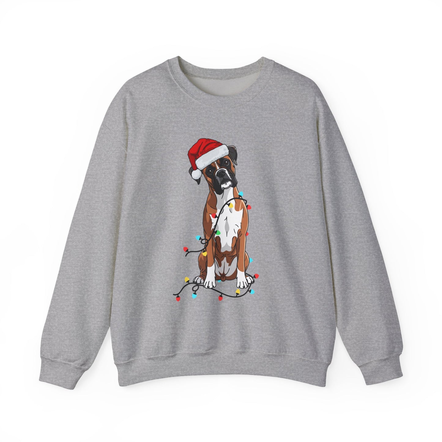 Christmas Boxer Dog Sweatshirt – Cute Santa Hat & Holiday Lights Crewneck