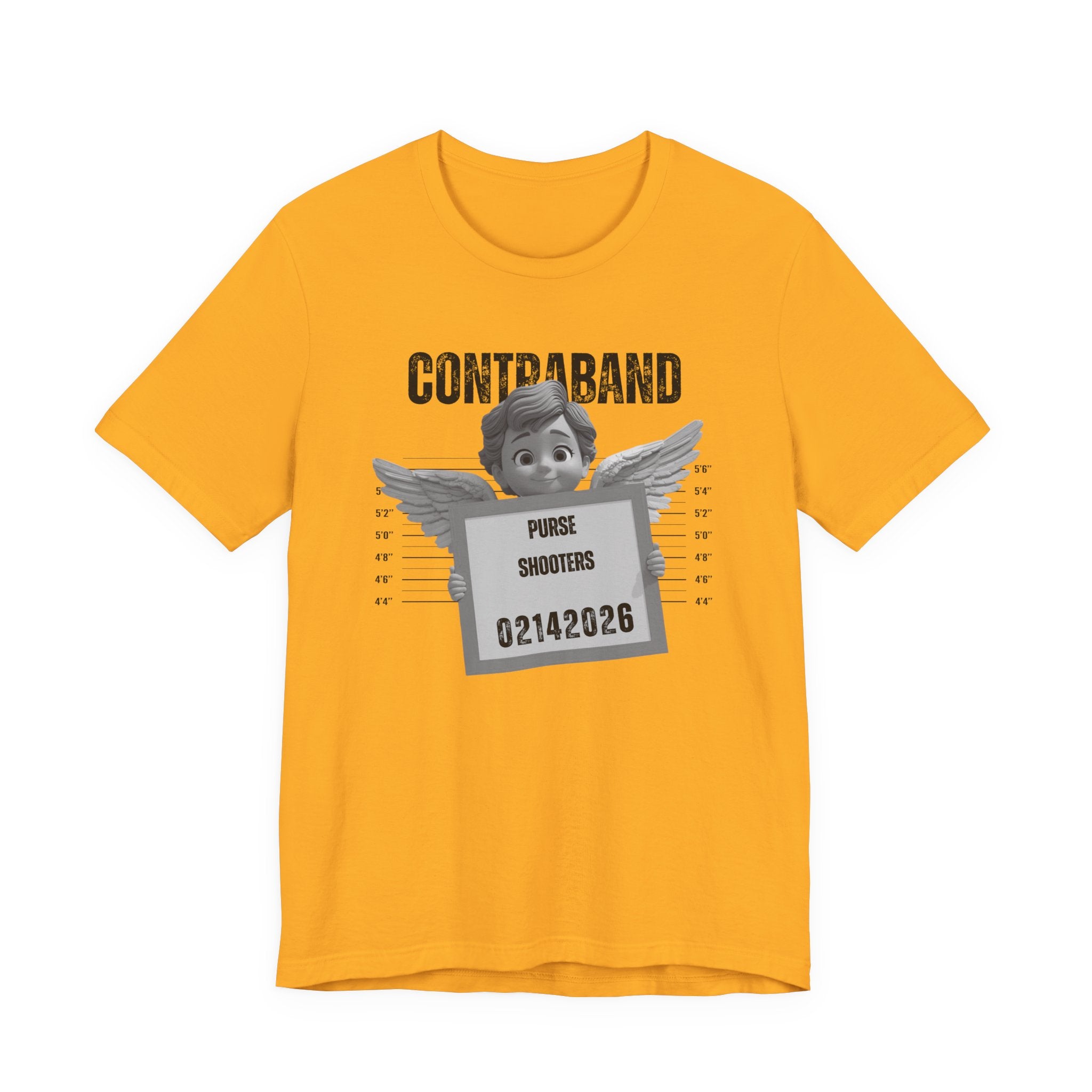 Contraband Mugshot Angel Tee — Funny 'Purse Shooters' Graphic T-Shirt