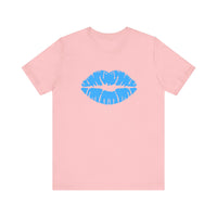 Blue Lips Kiss Print Unisex Tee, Casual Wear, Gift for Her, Valentine's Day Shirt, Fun Graphic Top, Everyday Style