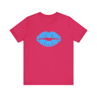 Blue Lips Kiss Print Unisex Tee, Casual Wear, Gift for Her, Valentine's Day Shirt, Fun Graphic Top, Everyday Style