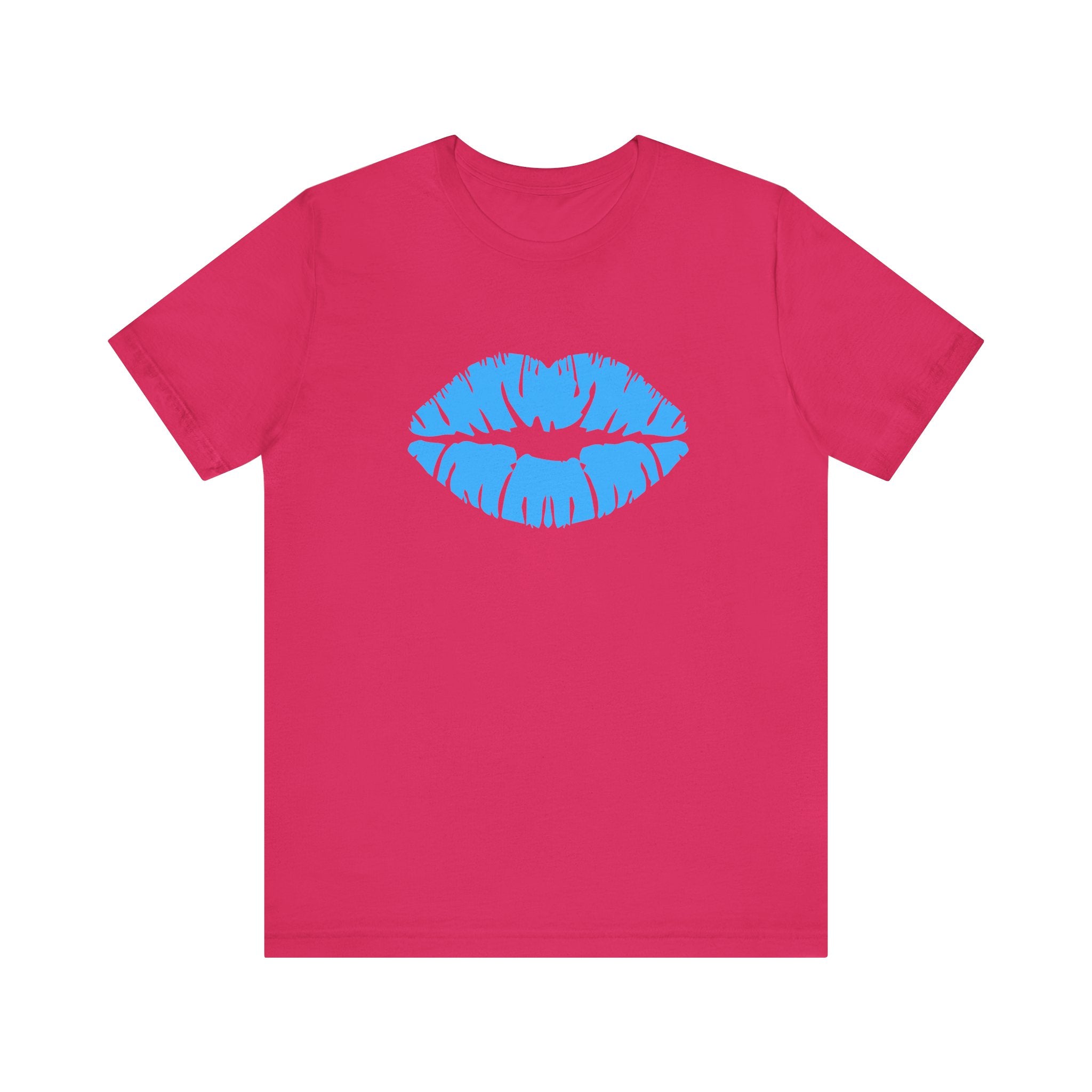 Blue Lips Kiss Print Unisex Tee, Casual Wear, Gift for Her, Valentine's Day Shirt, Fun Graphic Top, Everyday Style