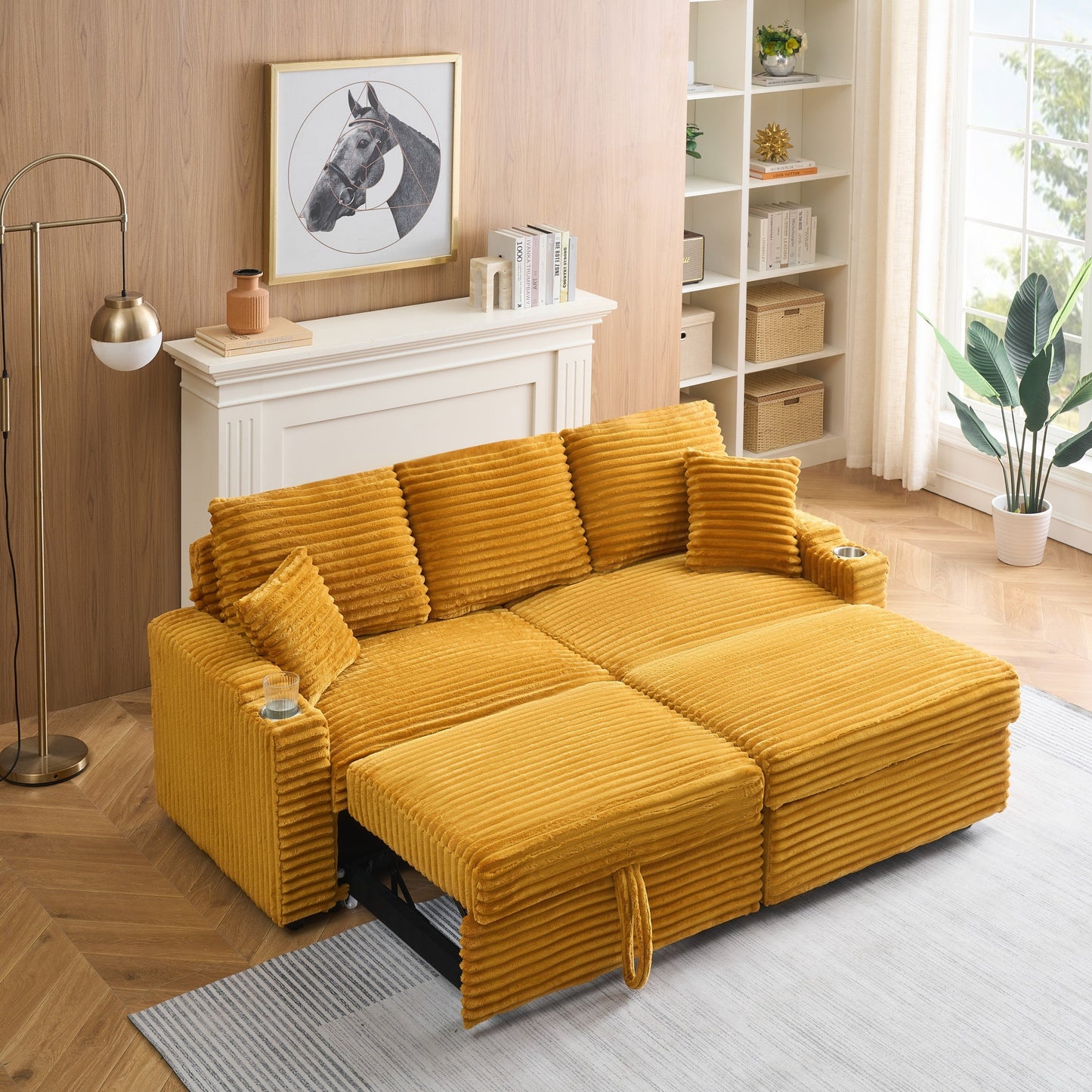 An 80-inch foldable and hidden chaise longue orange corduroy sofa with