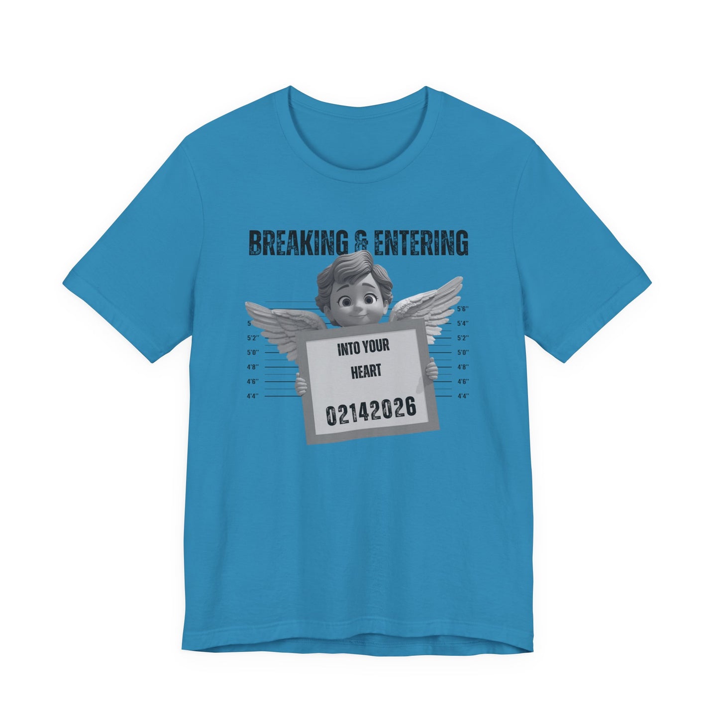 Breaking & Entering Into Your Heart Tee — Cute Cupid Mugshot Graphic Shirt (02/14/2026)
