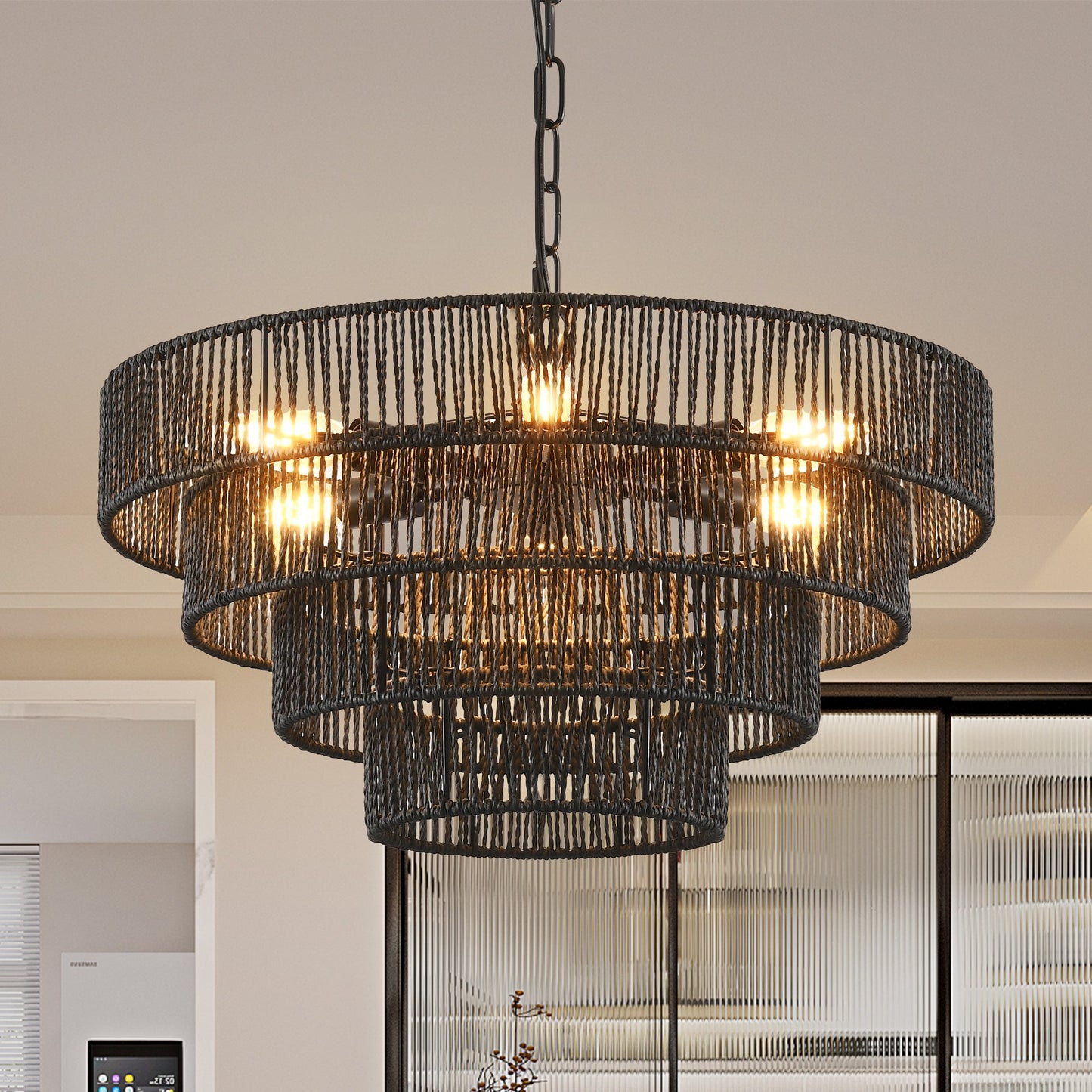 Rustic 4-Tier Black Hemp Rope Chandelier with 6 E12 Sockets, UL Listed