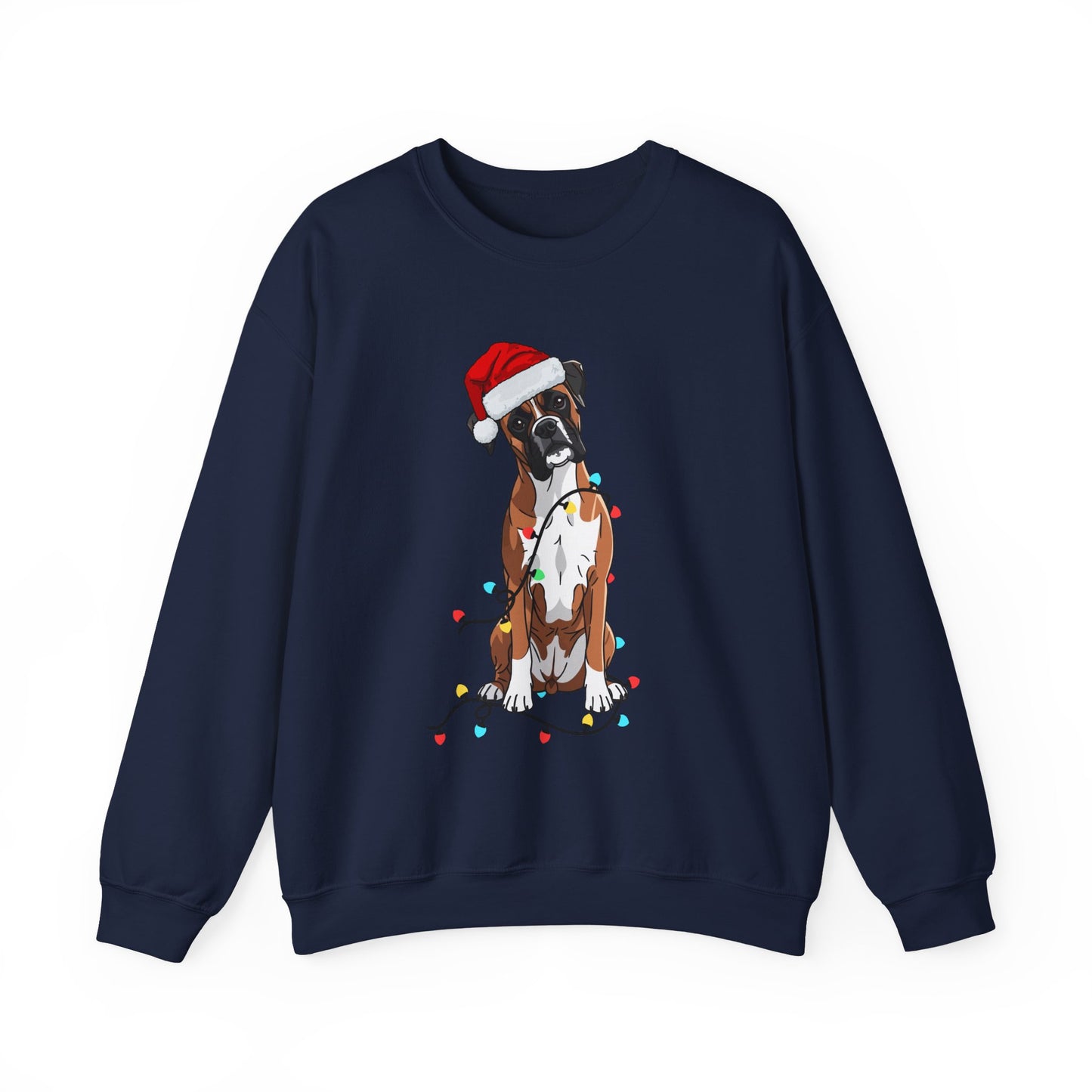 Christmas Boxer Dog Sweatshirt – Cute Santa Hat & Holiday Lights Crewneck