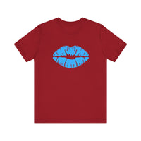 Blue Lips Kiss Print Unisex Tee, Casual Wear, Gift for Her, Valentine's Day Shirt, Fun Graphic Top, Everyday Style