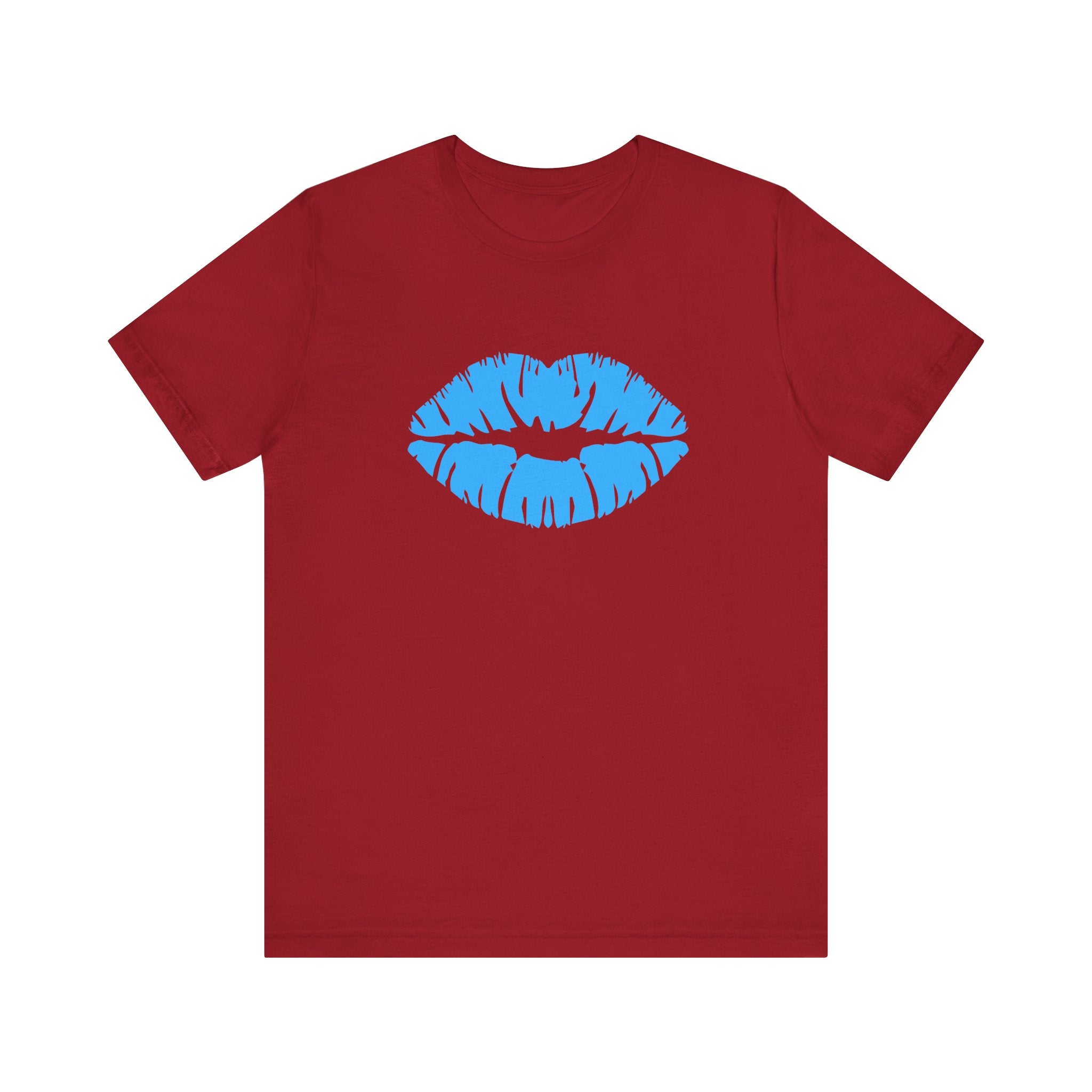 Blue Lips Kiss Print Unisex Tee, Casual Wear, Gift for Her, Valentine's Day Shirt, Fun Graphic Top, Everyday Style