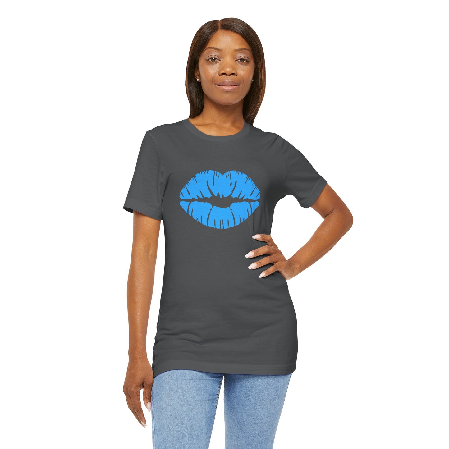 Blue Lips Kiss Print Unisex Tee, Casual Wear, Gift for Her, Valentine's Day Shirt, Fun Graphic Top, Everyday Style