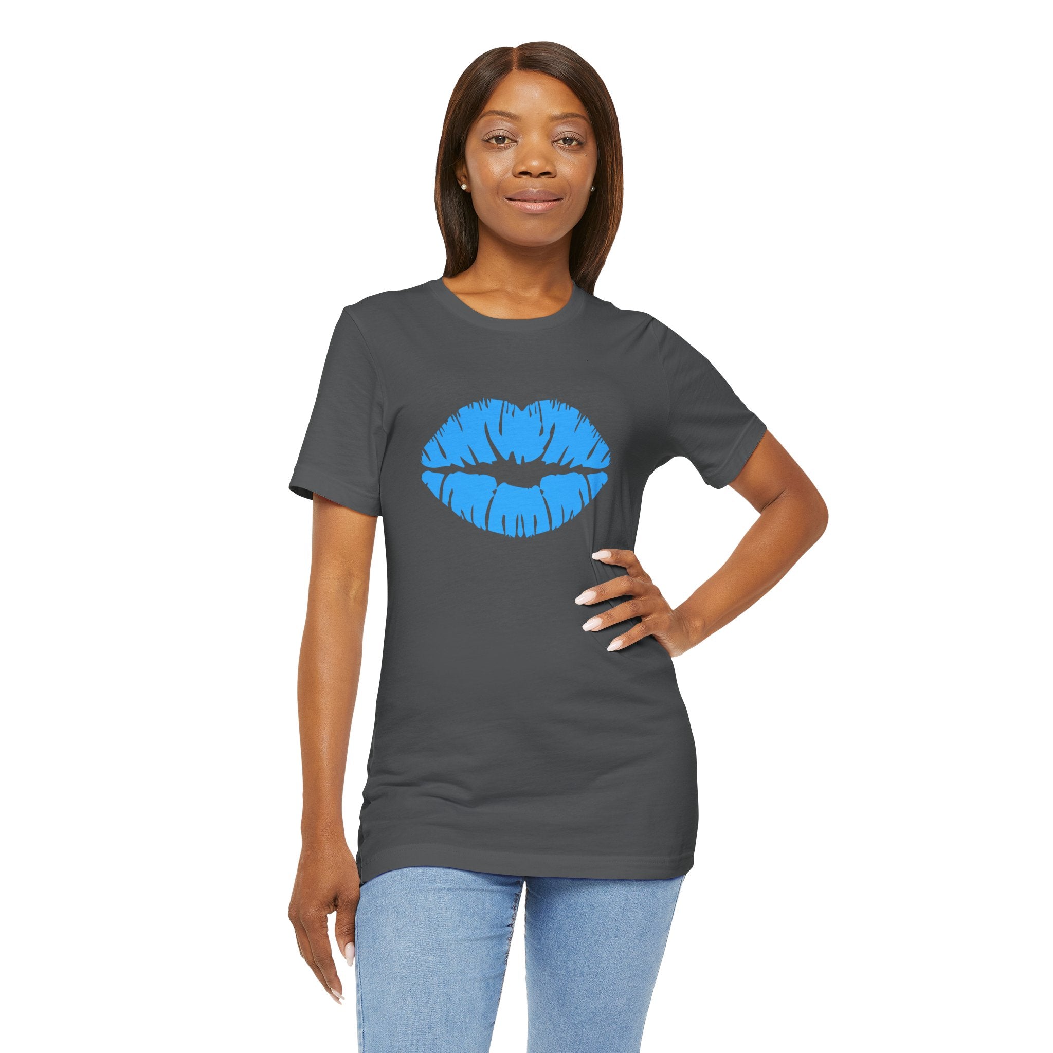 Blue Lips Kiss Print Unisex Tee, Casual Wear, Gift for Her, Valentine's Day Shirt, Fun Graphic Top, Everyday Style
