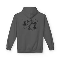 Let's Ride Witches Witchy Broomstick Hoodie, Unisex Midweight Fleece Sweatshirt, Halloween Apparel, Cozy Witch Costume,  Spooky Season
