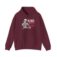 Skeleton Humor Hoodie, Funny Sweatshirt with 'Please Tell Me More' Text, Unisex Hooded Sweatshirt, Halloween Apparel, Gift for Friends