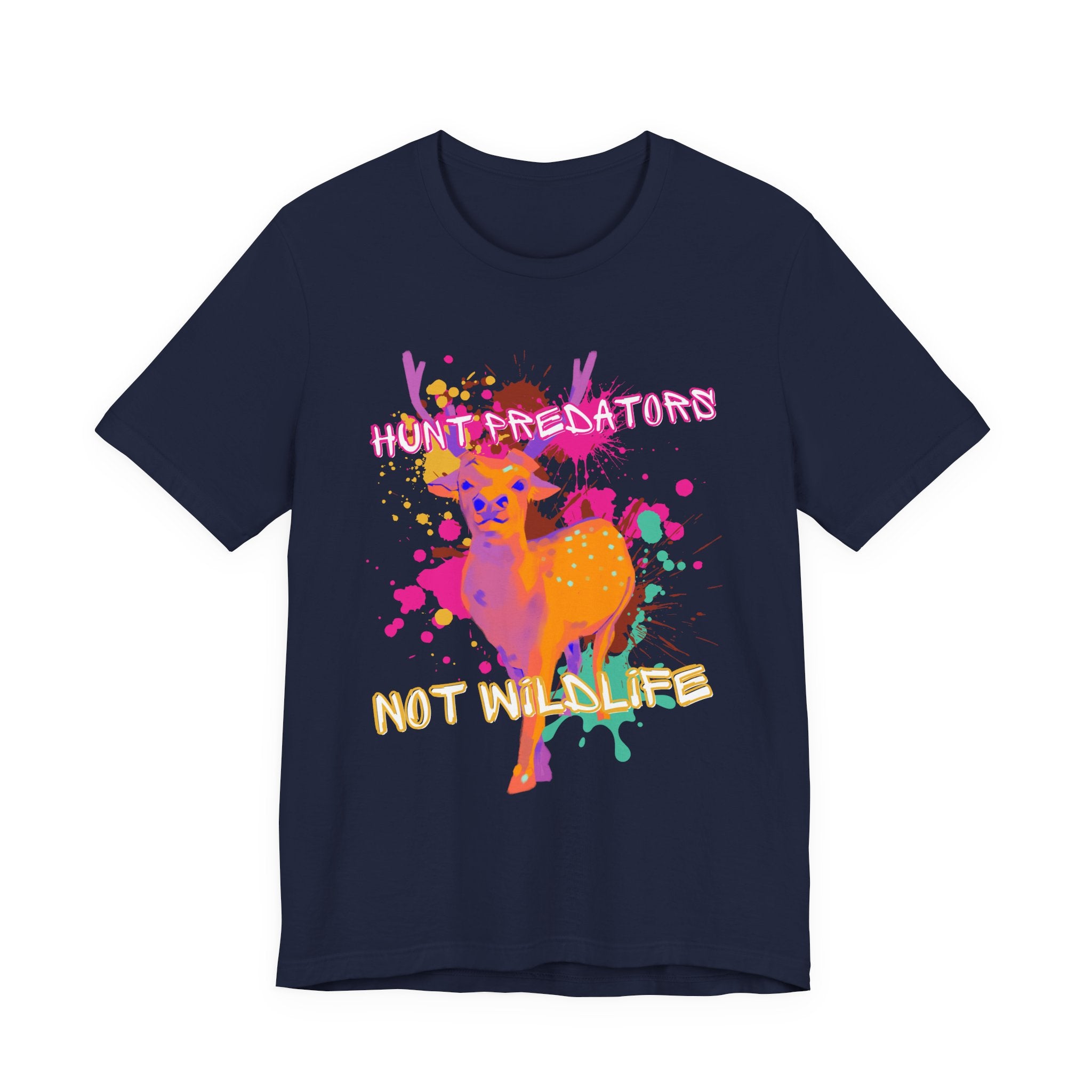 Navy Tee with Colorful wildlife hunt predators