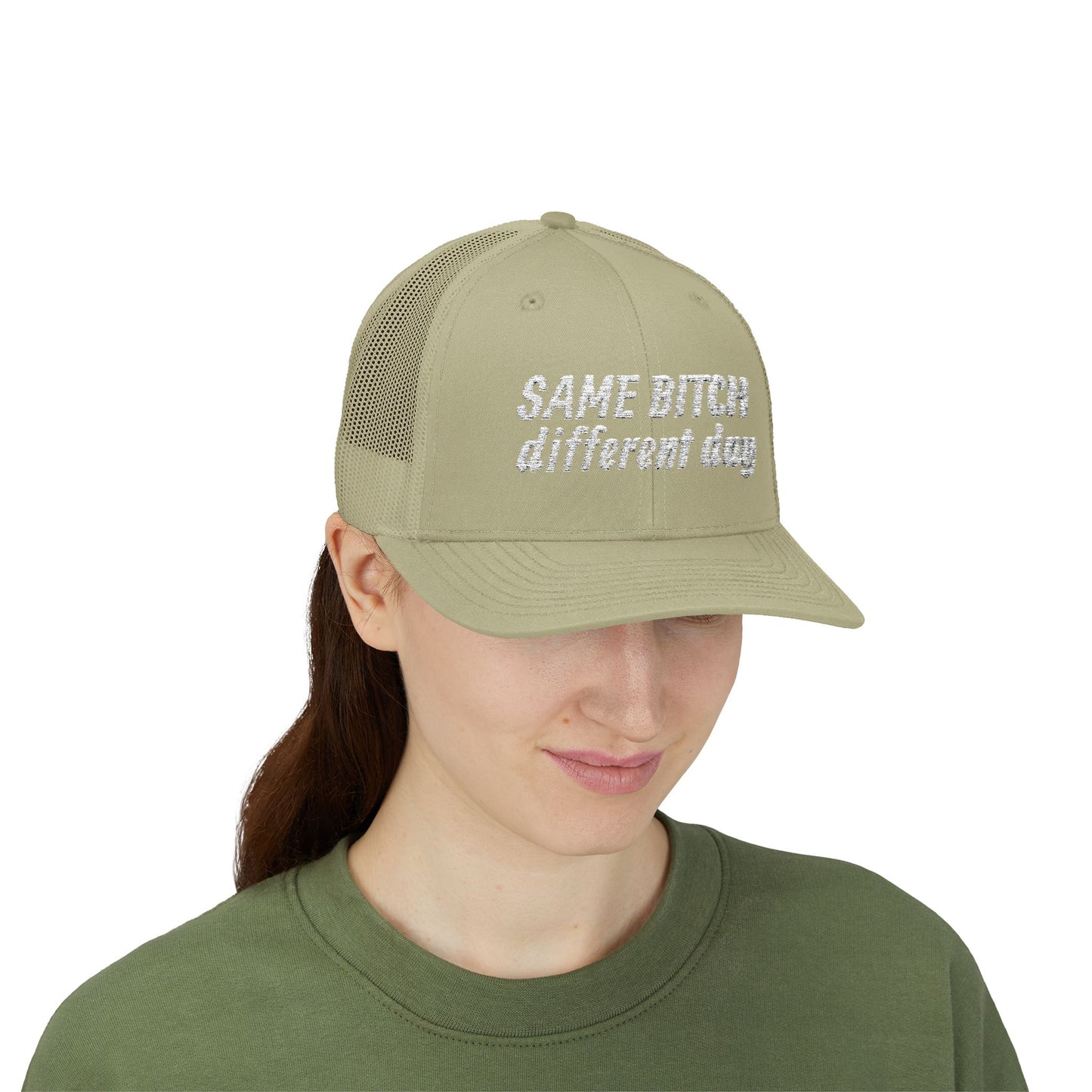 Snapback Trucker Cap — "Same Bitch Different Day" Embroidered Mesh Hat