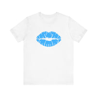 Blue Lips Kiss Print Unisex Tee, Casual Wear, Gift for Her, Valentine's Day Shirt, Fun Graphic Top, Everyday Style