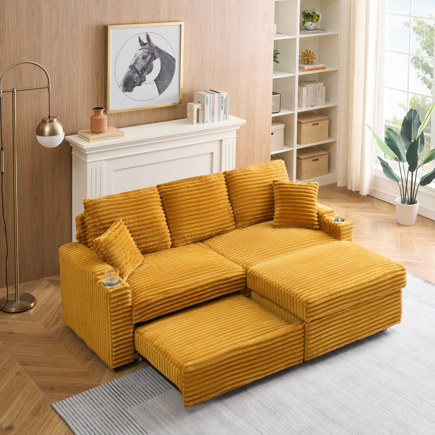 An 80-inch foldable and hidden chaise longue orange corduroy sofa with