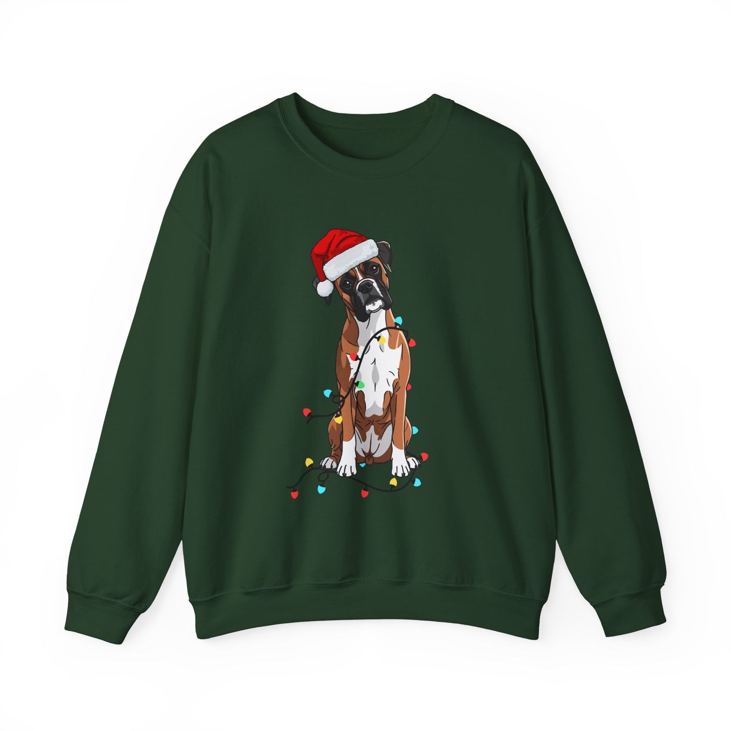 Christmas Boxer Dog Sweatshirt – Cute Santa Hat & Holiday Lights Crewneck