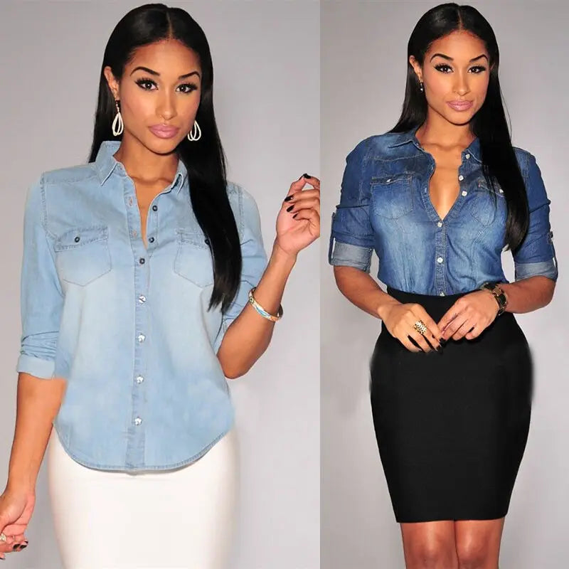 Womens Retro Blue Jean Soft Denim Long Sleeve Casual Shirt Tops Blouse