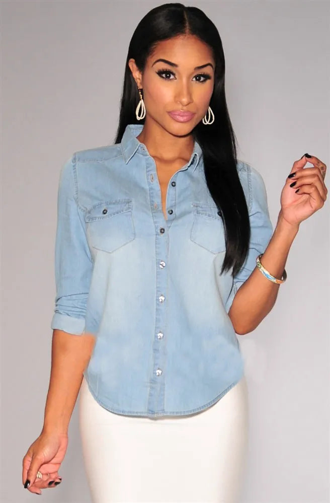 Womens Retro Blue Jean Soft Denim Long Sleeve Casual Shirt Tops Blouse