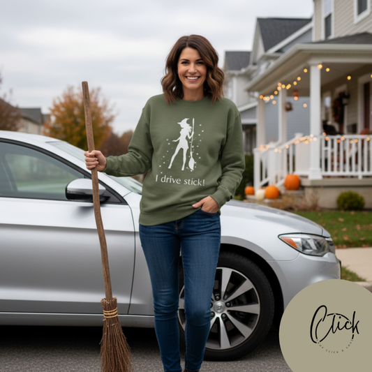 Funny Witch Sweatshirt, I Drive Stick Fleece Crewneck, Unisex Autumn Apparel, Halloween Gift, Cozy Witchy Wear