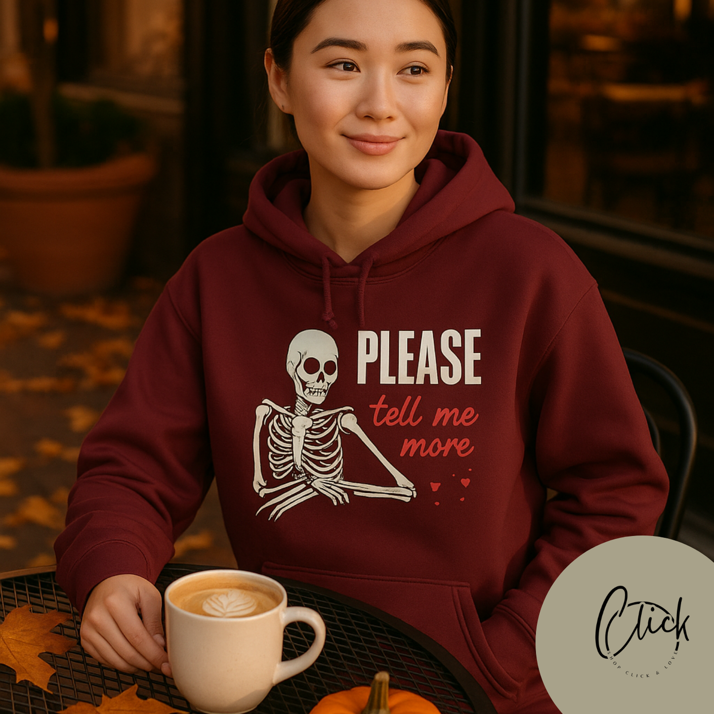 Skeleton Humor Hoodie, Funny Sweatshirt with 'Please Tell Me More' Text, Unisex Hooded Sweatshirt, Halloween Apparel, Gift for Friends