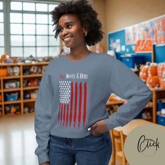 Red White and Boo Crewneck Sweatshirt with Flag Design, Show your American Spirit in Spooky Season