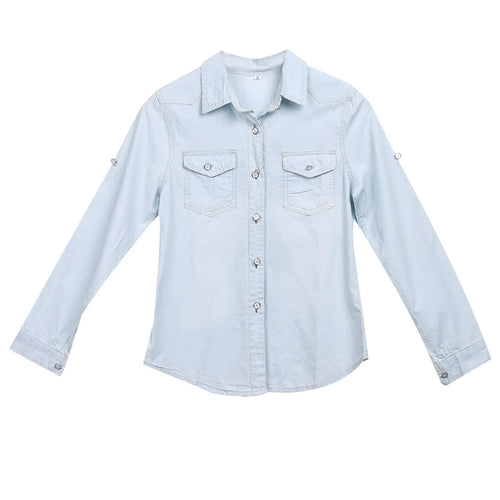 Womens Retro Blue Jean Soft Denim Long Sleeve Casual Shirt Tops Blouse
