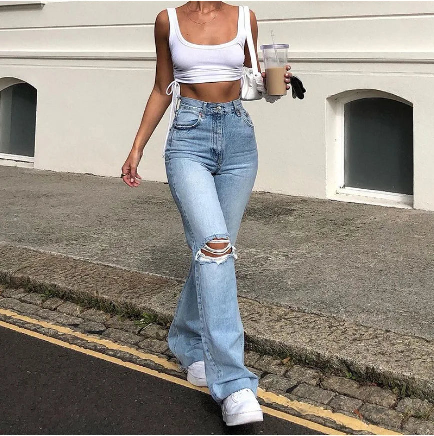2023 New High Waist Ripped Boot Cut Jeans For Women Fashion Stretch
