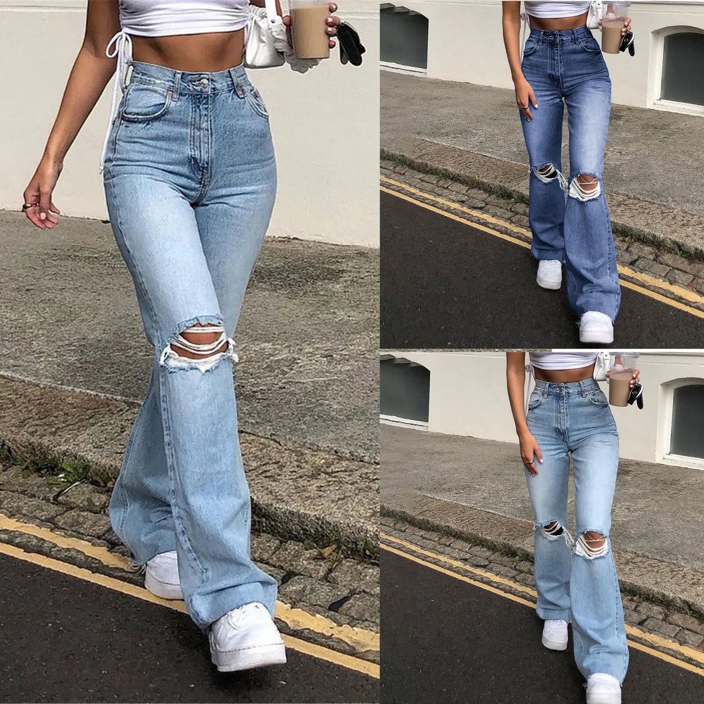 2023 New High Waist Ripped Boot Cut Jeans For Women Fashion Stretch