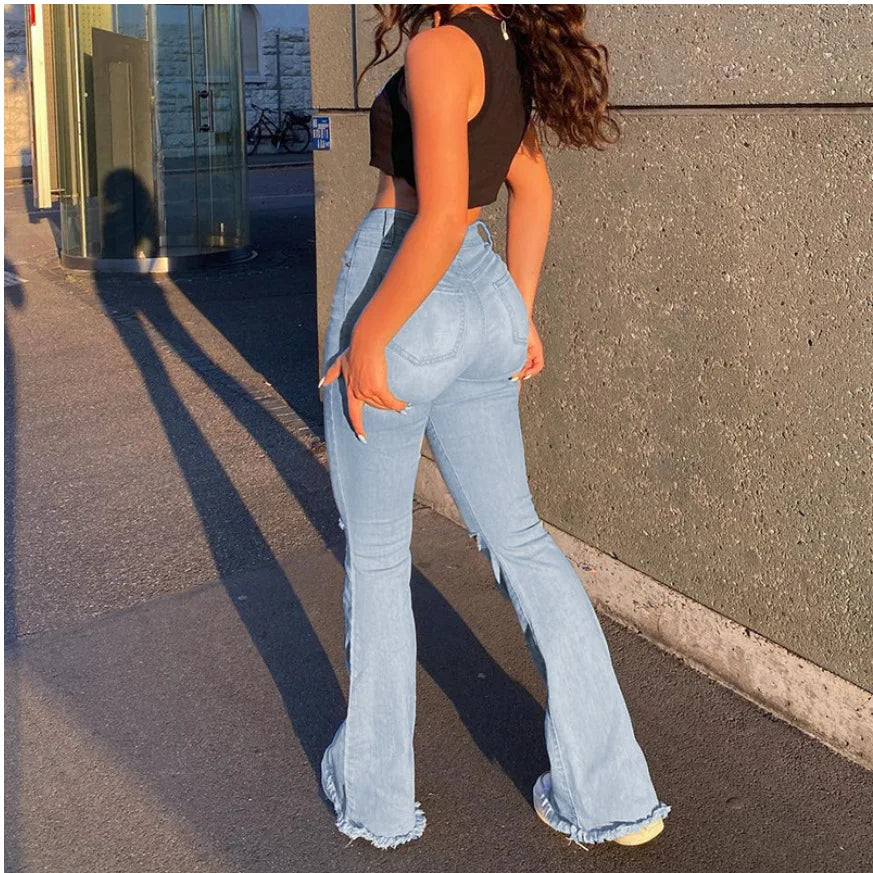 2023 New High Waist Ripped Boot Cut Jeans For Women Fashion Stretch