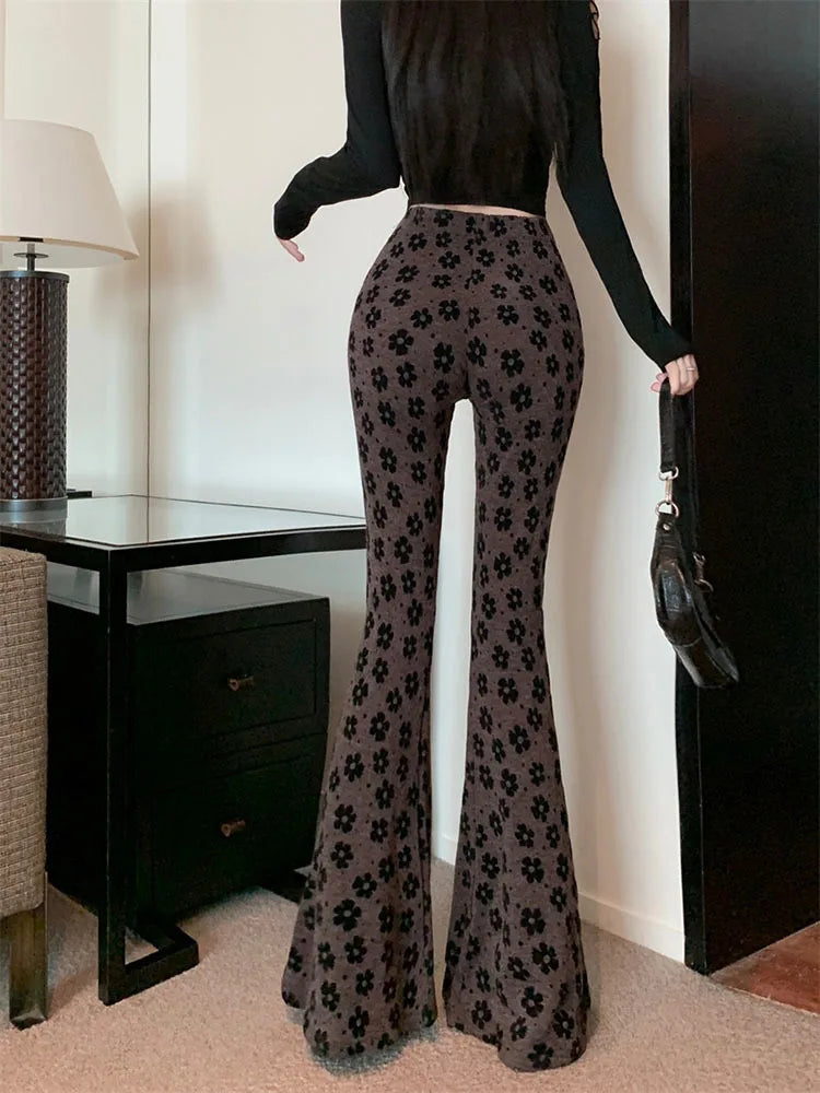 Retro printed jacquard micro flared pants for women 2024 autumn and