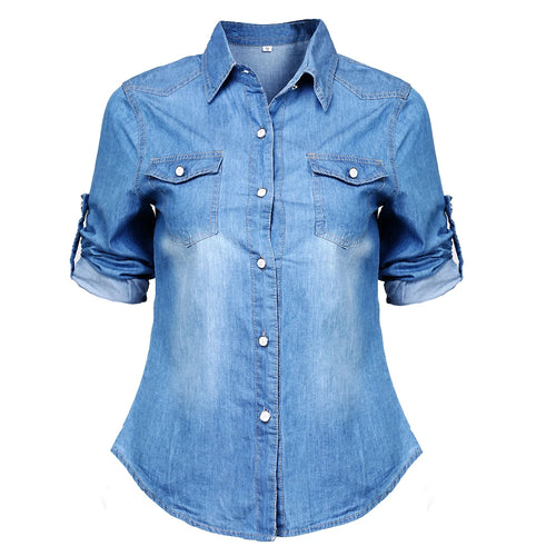 Womens Retro Blue Jean Soft Denim Long Sleeve Casual Shirt Tops Blouse