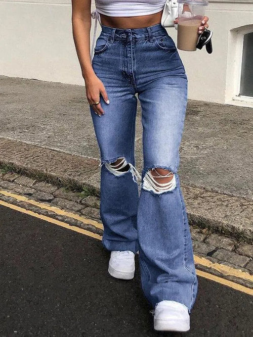 2023 New High Waist Ripped Boot Cut Jeans For Women Fashion Stretch