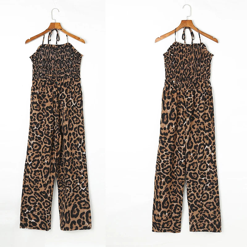 CyiExi Leopard Print Wide Leg Women Jumpsuit Sexy Halter Neck Backless