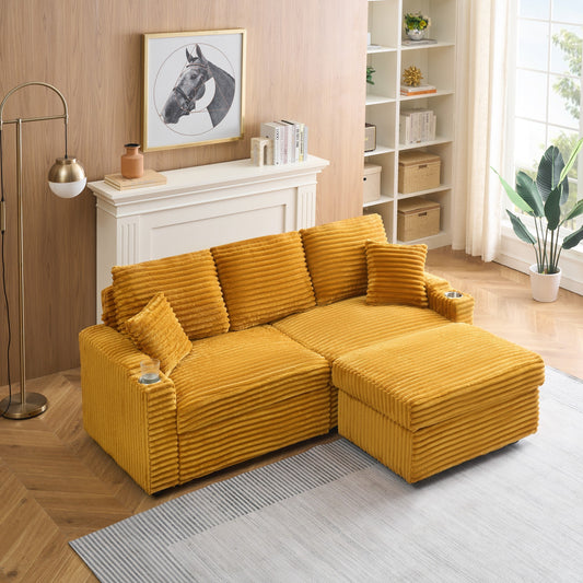 An 80-inch foldable and hidden chaise longue orange corduroy sofa with