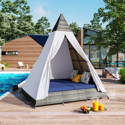 90.5" Length Outdoor Sunbed With Colorful Pillows, Wicker Patio Daybed